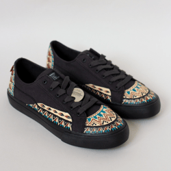 Black canvas Hand painted Sneakers with geometric ornament: Native, custom shoes for men and women