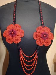 Long huichol Beaded necklace Seed bead necklace Beadwork necklace Spectacular necklace with roses Flower necklace