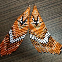 Extra long orange beaded earrings with fringe Orange dangle earrings charms long earrings handmade Fringed earrings