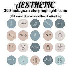 800 aesthetic instagram highlight story covers. Pink and blue lifestyle social media icons. Digital download.