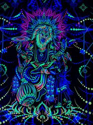 Spiritual blacklight tapestry Narasimha Neon psychedelic artwork Fluorescent painting Indian backdrop