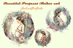 Beautiful Pregnant Mother And Floral Wreath Watercolor