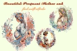 Beautiful Pregnant Mother And Floral Wreath Watercolor