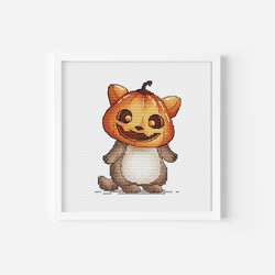 Halloween Cat Cross Stitch, Jack-o-Lantern Hand Embroidery Design, Scary Mask Digital PDF File Instant Download, Funny H