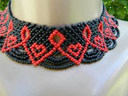 Red and black beaded necklace, Huichol necklace, Exquisite geometric necklace, Boho necklace, Tribal necklace