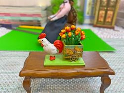 Easter miniature. Cockerel with a cart of tulips. 1:12.