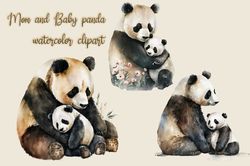 Mom and Baby panda watercolor clipart