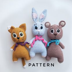 The Set 3 in 1 Crochet Animal Pattern Amigurumi Ginger Cat Kitty Crochet Bunny Rabbit Pattern with Carrot Heart Crochet
