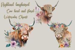 Highland Longhaired Cow head and floral watercolor clipart