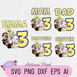 Looney Tunes Birthday Svg, Custom Family Matching Svg, Kids Party Svg, Personalized Name and Age Svg