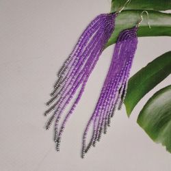 Extra long purple gradient earrings Seed bead earrings Boho ombre earrings purple silver beaded earrings