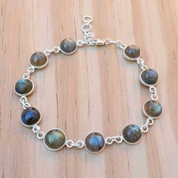 Labradorit Gemstone Adjustable Bracelet, 925 Sterling Silver & Multi Oval Crystal Handmade Boho And Hippie Jewelry, Gift