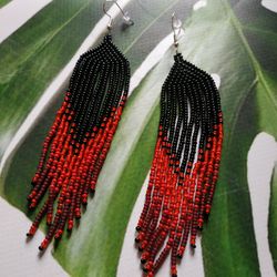 Extra long black and red gradient beaded fringe earrings Mexican earrings , boho ombre earrings
