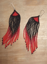 Red beaded fringe earrings Extra long gradient earrings Seed bead earrings Boho ombre earrings