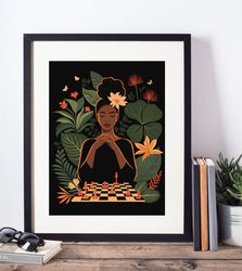 Black girl playing chess, tropical leaves and flowers printable poster, melanin art, african american art, digital