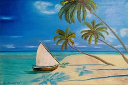 Seascape Oil Painting Desert Island Painting 15*23 inch Boat near the Shore Painting Original Artwork