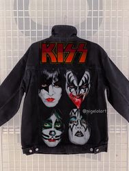 Kiss Rock Band Painted denim jacket Custom jacket Portrait from photo Personalized order Black denim jacket shirt