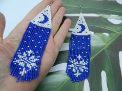 Extra long blue and white dangle beaded earrings handmade earrings Moon earrings Christmas gift for her