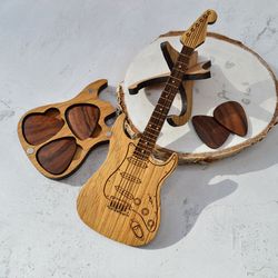 Guitar shaped box for three picks, wooden picks in case, personalized guitar gift for guitar player and musicians