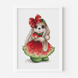 Watermelon Cross Stitch Pattern PDF, Rabbit Fruit Embroidery, Instant Download Digital File, Fairy Dress Cross Stitch, C