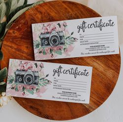 floral gift certificate template, photographer gift card template, photography voucher, photo gift cards