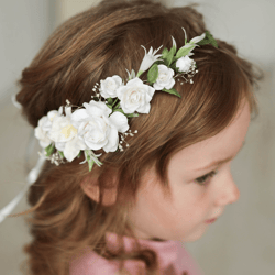 White flower crown, Baby halo, Baby floral crown, Rustic child flower crown, Child headband, First birthday