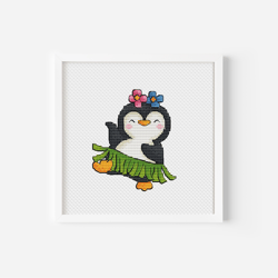 Penguin with Ice Cream Cross Stitch Pattern PDF, Tropical Vacation Hand Embroidery, Bird Needlepoint Chart Digital File