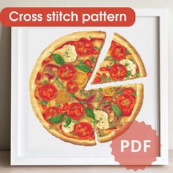 Pizza cross stitch pattern, food cross stitch chart, PDF