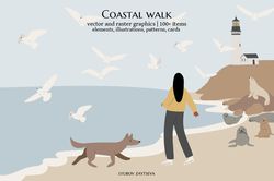 coastal landscape creator clipart, vector couple on beach illustration, PNG SVG, woman flying seagull sea lion clip art