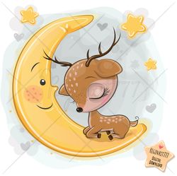 Cute Cartoon Deer PNG, clipart, Moon, Sublimation Design, Children illustration, digital clip art