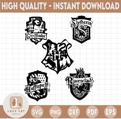 5 file Hogwarts Houses bundle Crests SVG, 5 Harry Potter SVG, 5 Instant download, Silhouette cut files, Hogwarts SVG, Cr