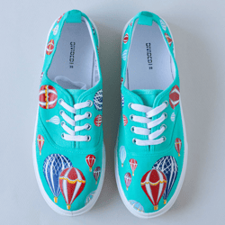Hot air balloons Custom Sneakers, Hand Painted turquoise Canvas Shoes, Personalized Gift for women