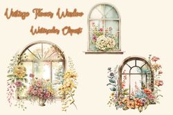 Vintage Flower Window Watercolor Clipart
