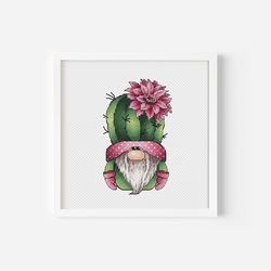 Cactus Gnome Cross Stitch Patterns PDF,Mini Garden Gnome Chart,Spring Fairy Kawaii Embroidery,Floral Tapestry Gnome Digi