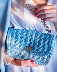 Crochet sky blue handbag for women, handmade summer bag