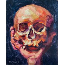 Skull In Hand Painting Original Skeleton Artwork Oil On Panel 8x10 Inch Anatomy Art
