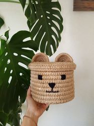 Cute bear head basket with lid. Storage basket. Fun shelf basket. Gift for teen girl. Cute woodland decor