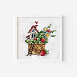 Strawberry House Cross Stitch Chart, Flower Cross Stitch Pattern PDF,Plant Hand Embroidery Design,Needlepoint Digital Fi