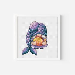 Mermaid Cross Stitch Pattern,Ocean Princess Digital Pattern PDF,Gnome Sea Girl Modern Wall Decor Pattern,Hand Embroidery