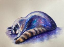original raccoon watercolor painting, sleeping raccoon watercolor, magic painting, cottagecore decor, woodland painting