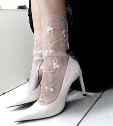 Embroidered Tulle Socks Womens Mesh Flowers | Sheer Floral Socks White Bridal aesthetic | Nude Lace Socks Retro