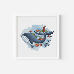 Blue Whale Cross Stitch Pattern PDF, Tropical Fish Cross Stitch, Ocean Animal Cross Stitch, Sea Ornament Home Decor