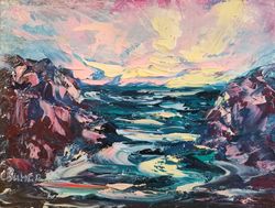Sea Mountains Waves Sunset Original Art Oil Painting Framed Artist Svinar Oksana