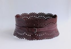 Genuine leather belt for woman 33.5"(85cm). Width 5". Wide leather belt in burgundy. Handmade.
