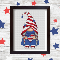 Patriotic girl gnome cross stitch pattern PDF, Gnome cross stitch, 4th of july gnome, Independence day cross stitch