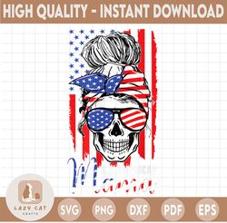 American Mama USA Flag American Patriotic 4th of July Mom Skull Bun Hair Sunglasses PNG Sublimation Design Downloads