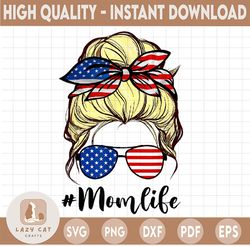 Mom Life Blonde America flag PNG, Print Blond Mom Bun Hair Sunglasses Headband PNG Sublimation Design Downloads