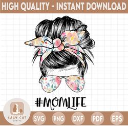 Blue floral Mom Life Mom Bun PNG Messy Bun Mom Hair Sublimation Design Downloads - Mom Bun - PNG Transparent Background
