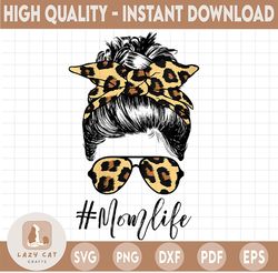 Messy Bun Mom Leopard PNG, Mom Life, Animal Print, Digital Sublimation Print or DTG, Print and Cut, PNG File