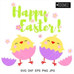 Happy Easter Lettering with Cute Chickens Svg, Easter Clipart, Easter Shirt Design sublimation, easter egg Chick Birds